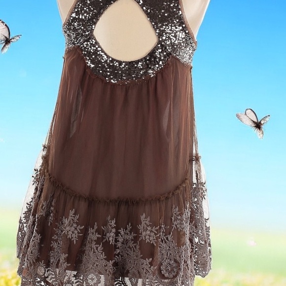 Free People mesh embroidered sheer sequin mini dress fits XS S brown party layer - Picture 1 of 8